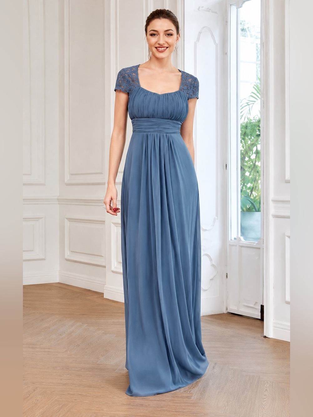 Ever-Pretty Elegant Empire Waist Bridgerton Chiffon Lace Sleeve Floor Length